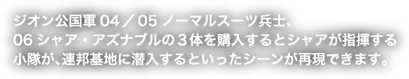 ジオン公国軍04／05ノーマルスーツ兵士、06シャア・アズナブルの３体を購入するとシャアが指揮する小隊が、連邦基地に潜入するといったシーンが再現できます。