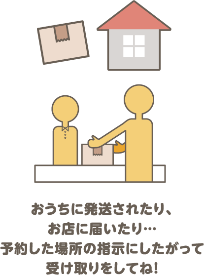 おうちに発送されたり、お店に届いたり…予約した場所の指示にしたがって受け取りをしてね！